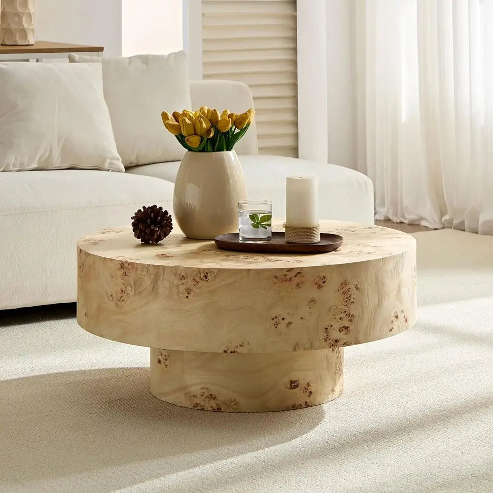31.49" Burl Wood Veneer Circular Pedestal Coffee Table