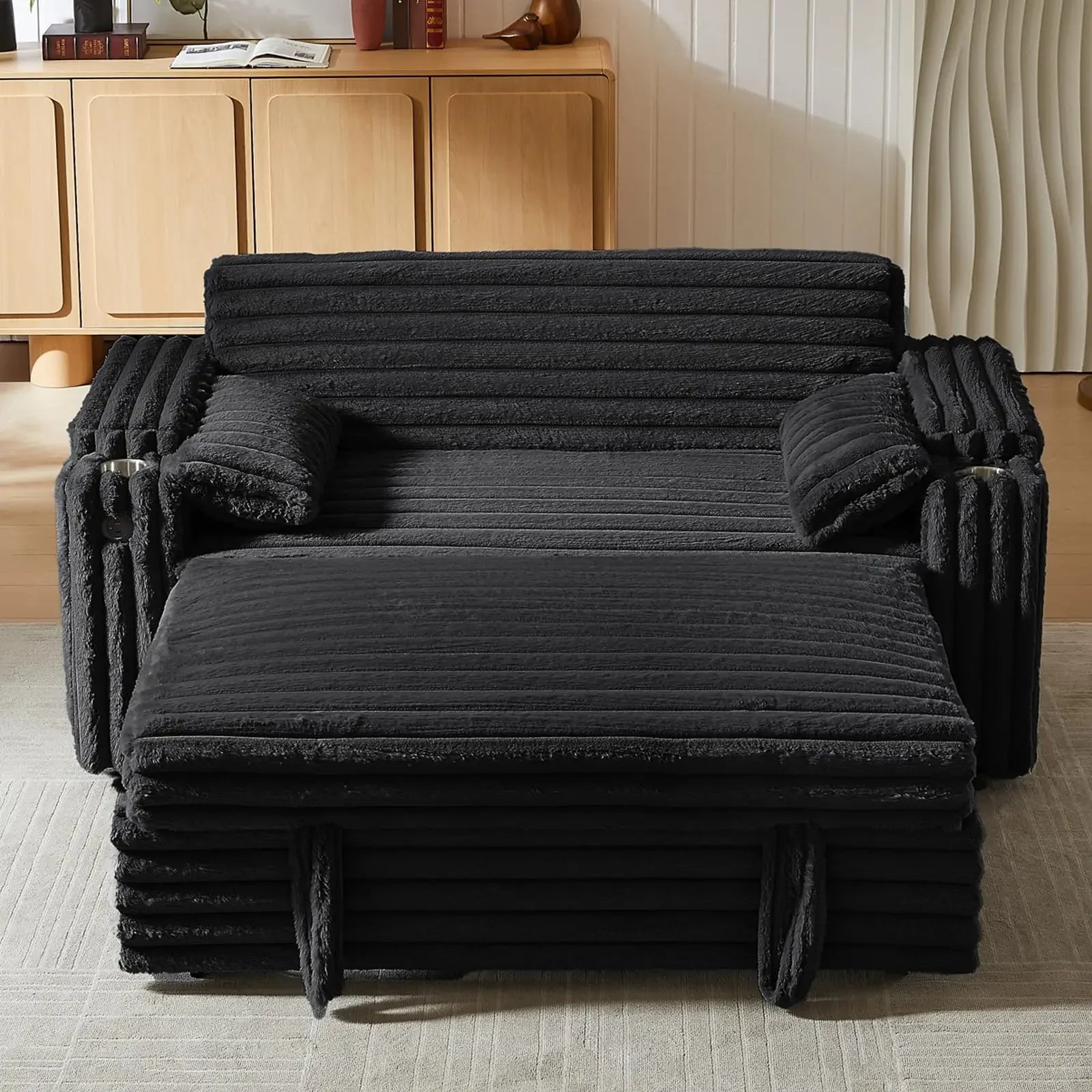 65'' 3-in-1 Folding, Pullout, Convertible Sofa Bed, 360° Swivel Side Table