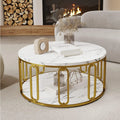 Wooden Marble Pattern Coffee Table, Round Open Storage, Golden Metal Legs