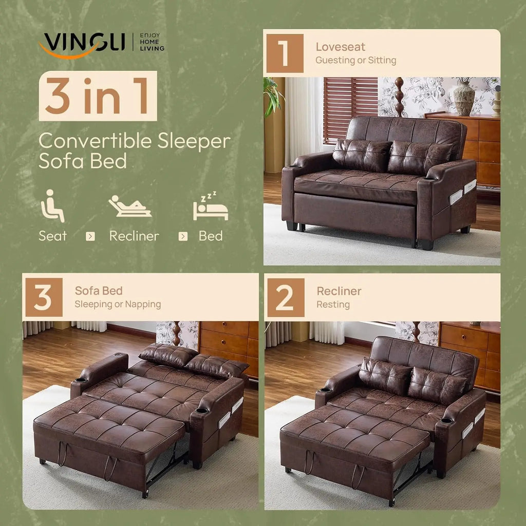 Rustic Futon Convertible Loveseat Sleeper Sofa Couch, Pullout USB Ports