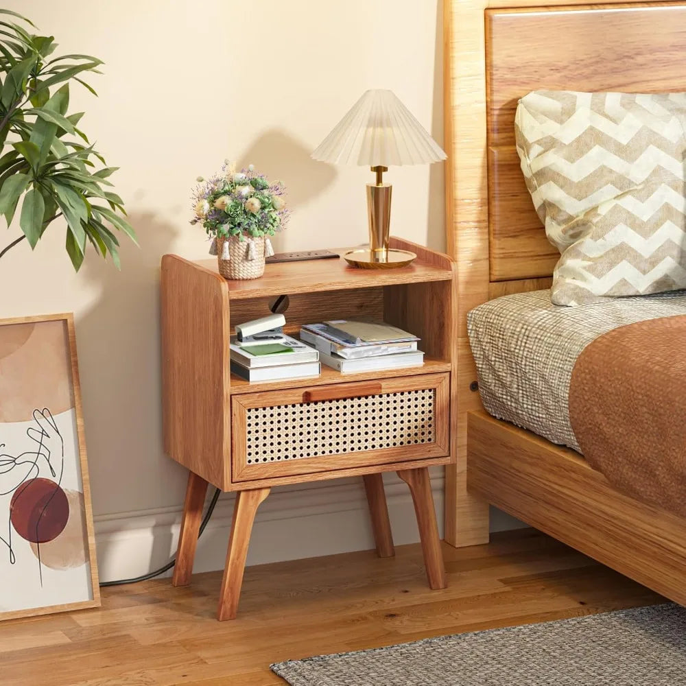Rattan Nightstands Set of 2, Charging Station, Drawer, Solid Wood Legs