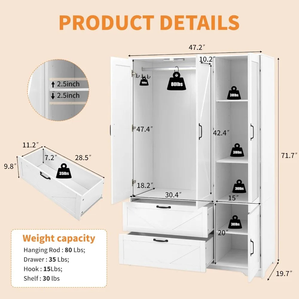 71.7" Armoire Wardrobe Mirror 3-Doors 2-Drawers Motion Sensor