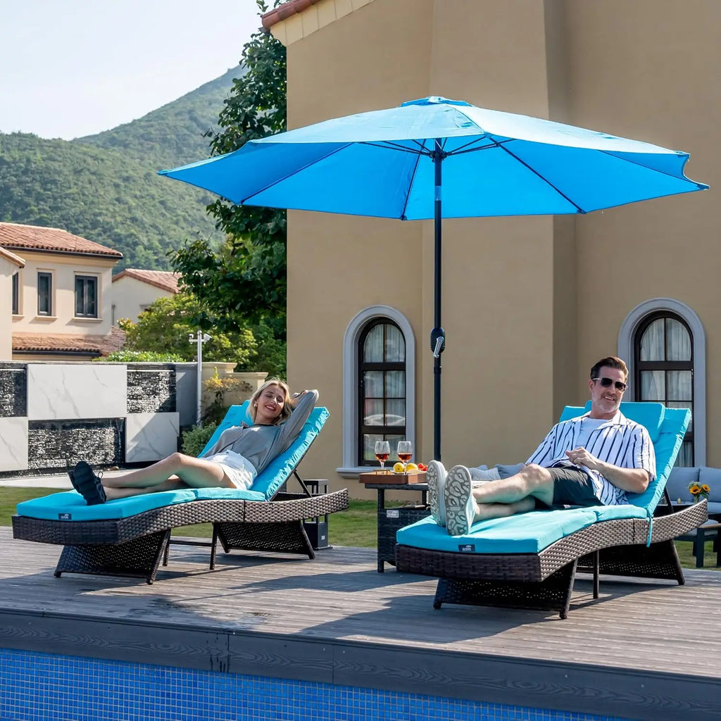 2 Chaise Wicker Patio Lounge Chairs, Adjustable Recliner Cushions & Pillows