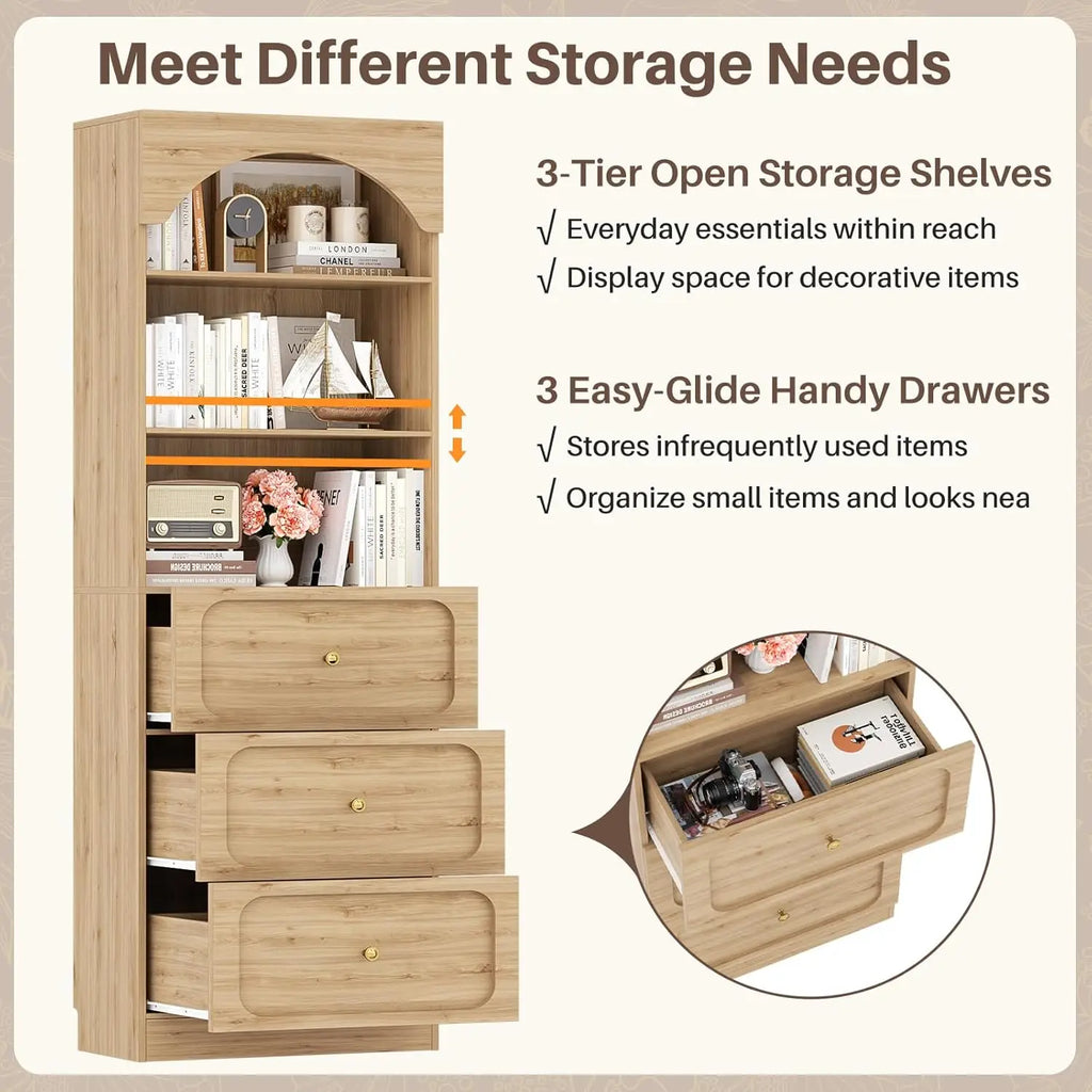 80" Wooden Arched Bookcase 3 Drawers 3-Tier Open Shelves
