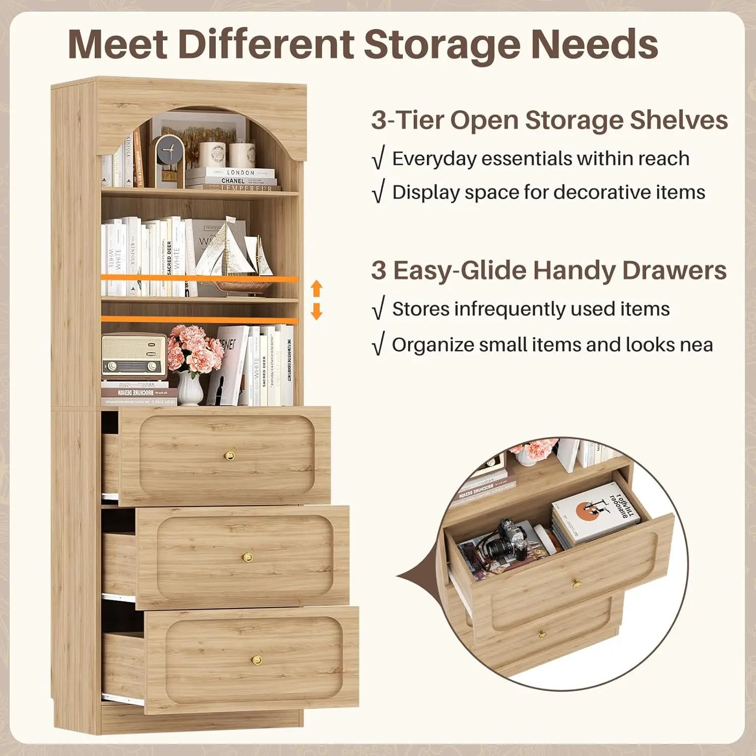 80" Wooden Arched Bookcase 3 Drawers 3-Tier Open Shelves