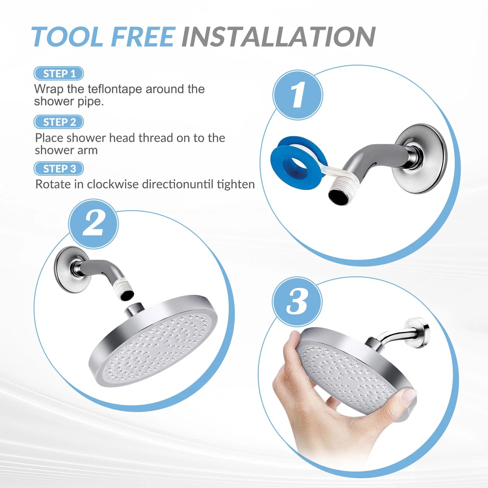 High Pressure Rain Showerhead, 360deg Rotation Stainless 6" Wall Mounted