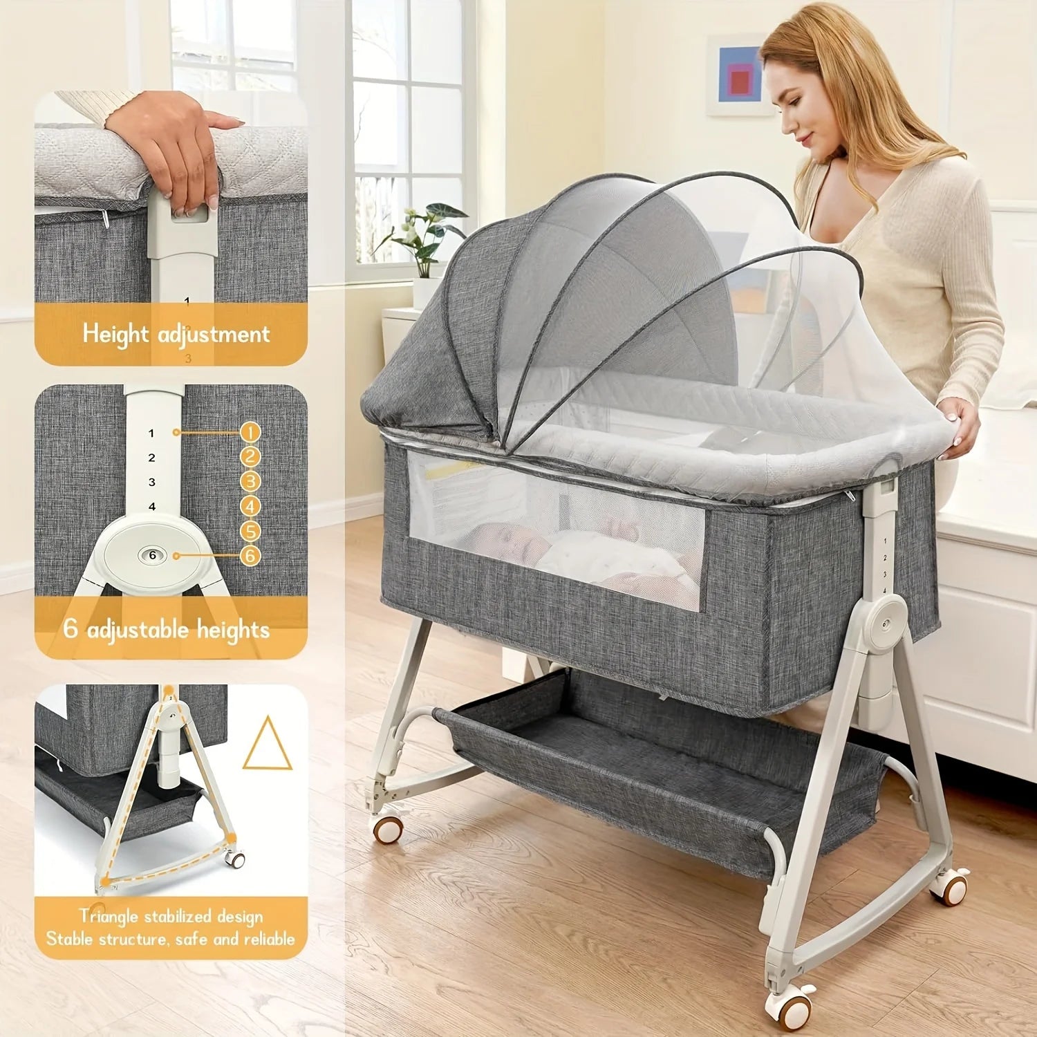 Baby Bassinet, 3-in-1 Bassinet Bedside Sleeper with Wheels