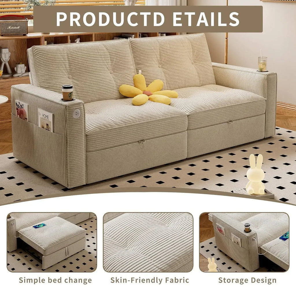 73" 2-Seater Queen Size Loveseat Sleeper Sofa, Pull Out Bed, USB