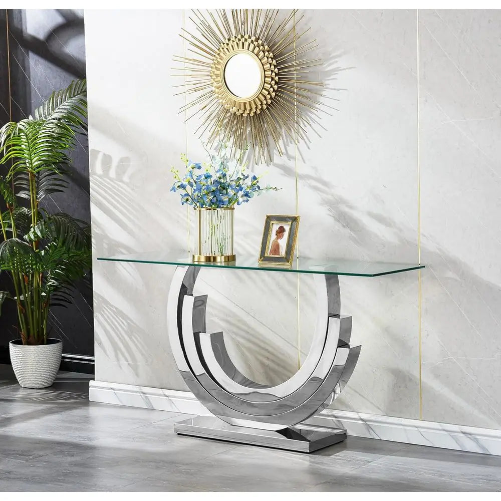 47IN Silver, Clear Glass Console Ring Mirrored Stainless Steel Base