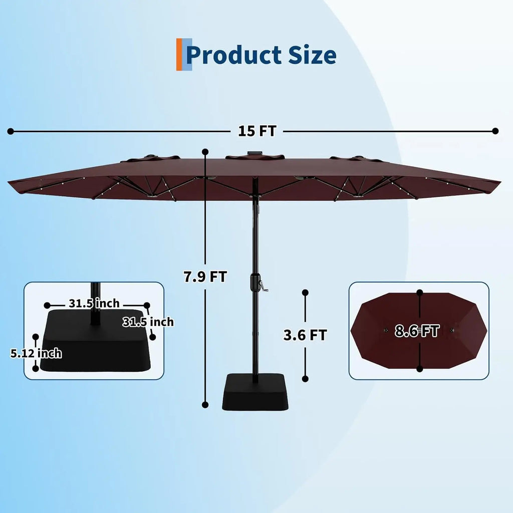15Ft Rectangular Umbrella, Solar Lights 36 LED Lights, Base, Crank Handle