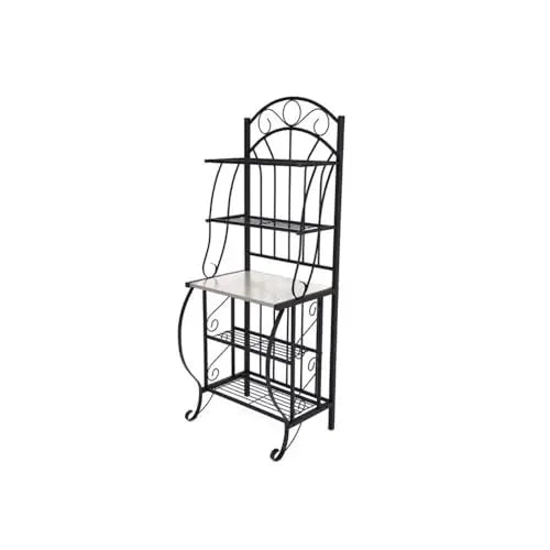 Elegant Black Metal Baker’s Rack Faux Marble Top, Five-Tier Storage