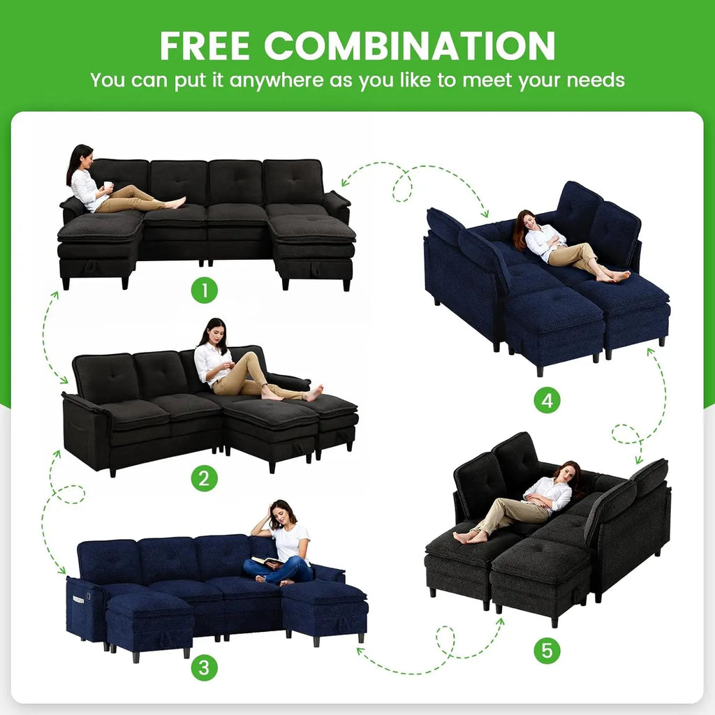 U/L Shaped 4-Seat Sectional Sofa USB Charging LED Storage Ottoman