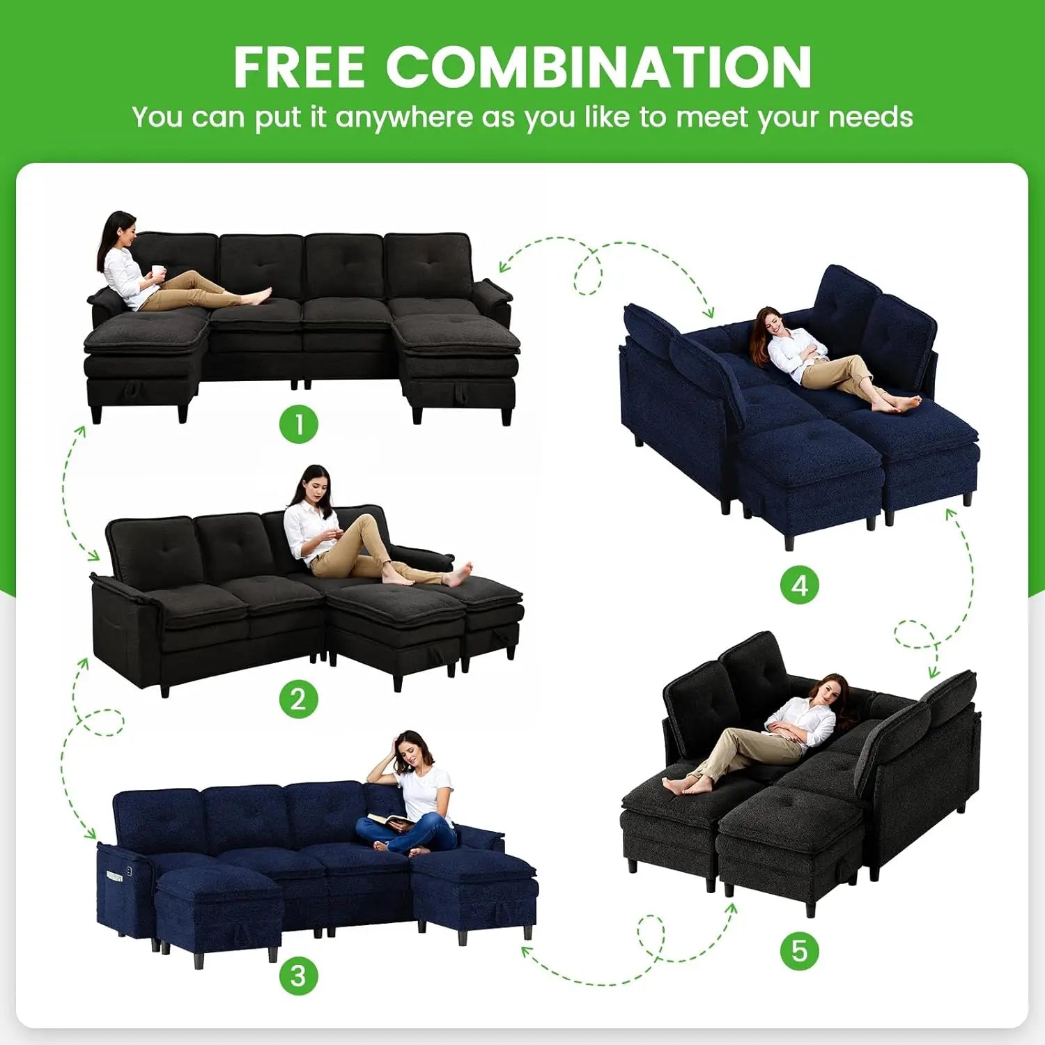 U/L Shaped 4-Seat Sectional Sofa USB Charging LED Storage Ottoman