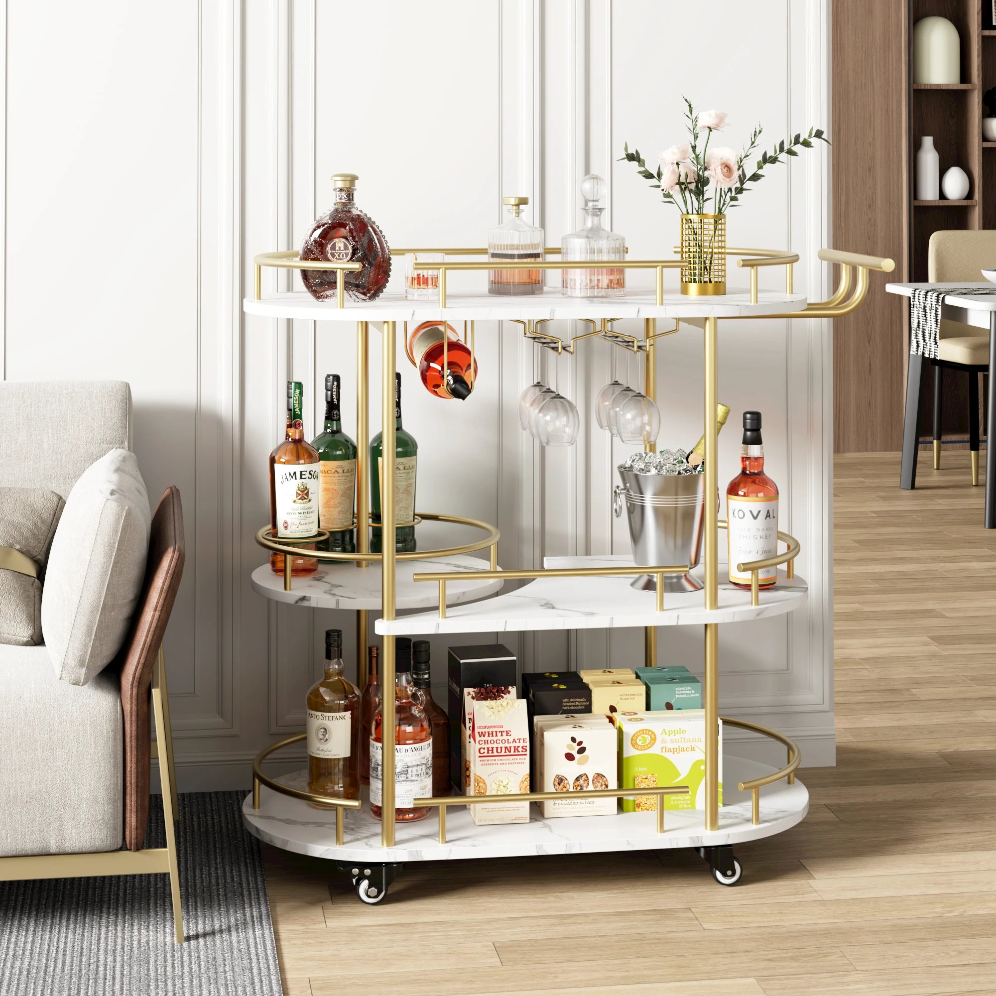 Gold Bar Carts 4-Tiers Mobile Bar On Wheels Wine Rack