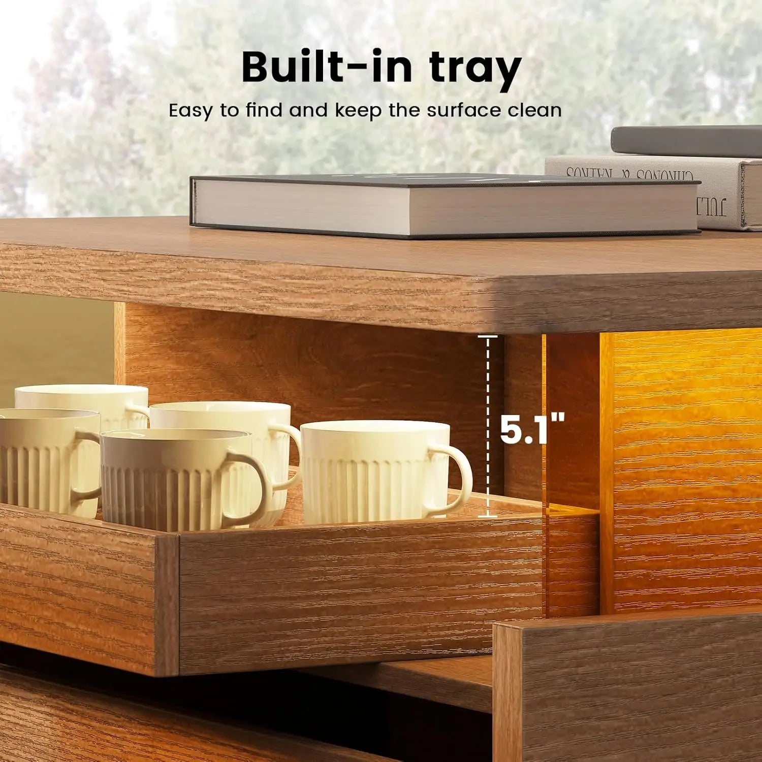 Square Fluted Coffee Table LED Lights Tempered Glass Drawer