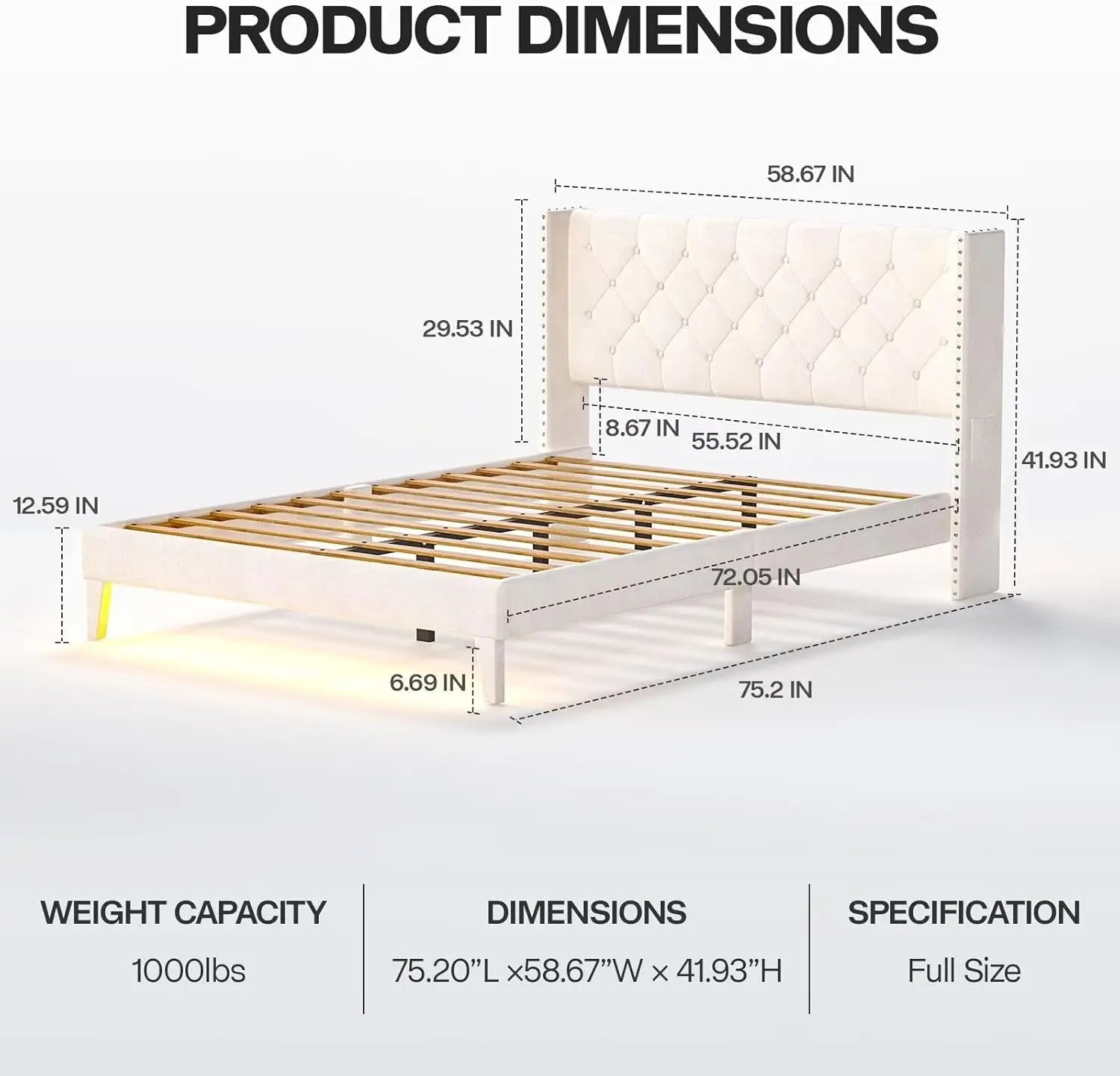 Full Size LED Bed Frame Velvet Upholstery, Tufted Headboard, Wooden Slats