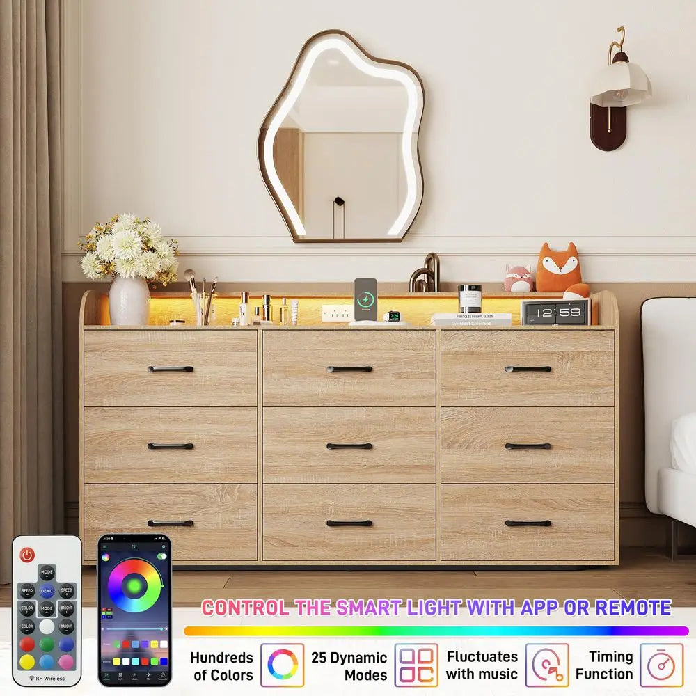 63IN Wood 9-Drawers Dresser, Power Outlet, LED Lights, Deep Drawers