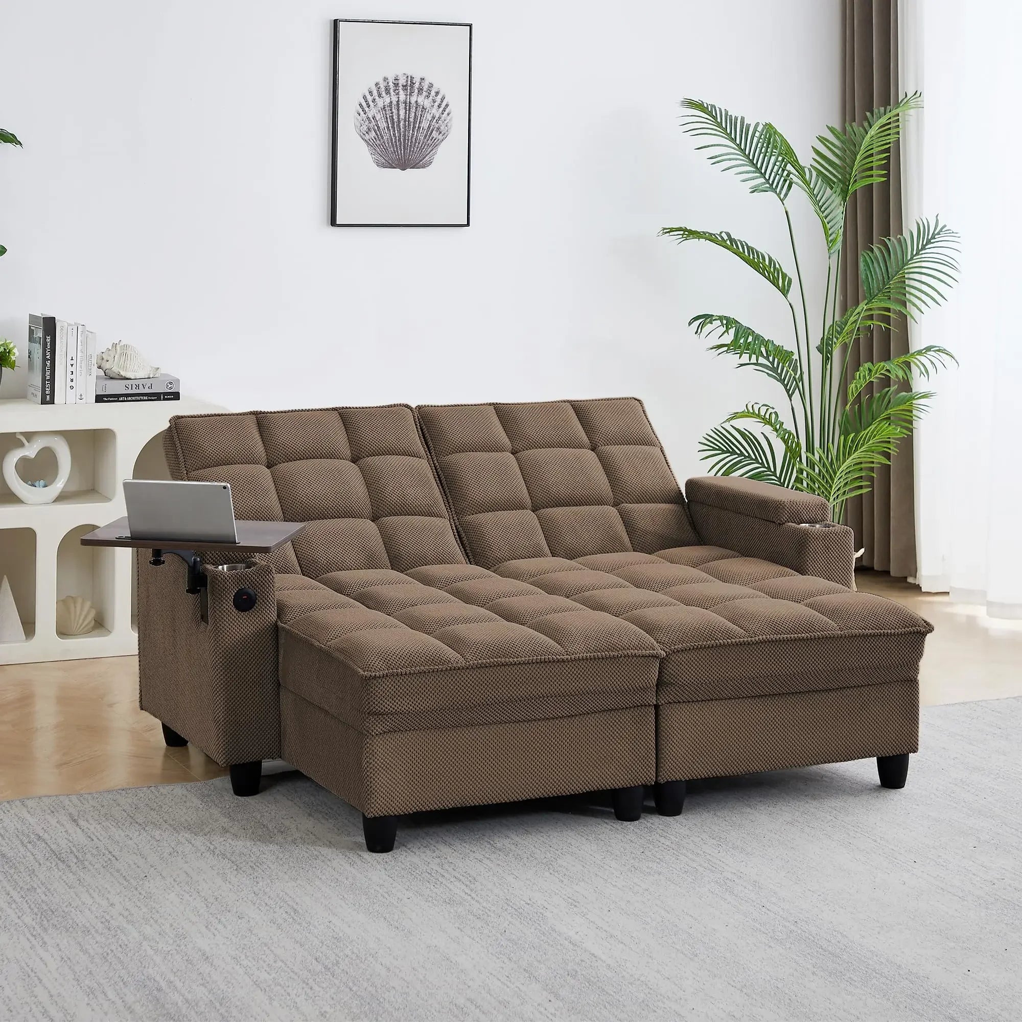 65'' 3-in-1 Folding, Pullout, Convertible Sofa Bed, 360° Swivel Side Table