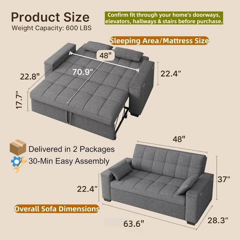 3-in-1 63.6'' Pull Out Couch w/Storage Armrests, Adjustable Backrest & Pocket