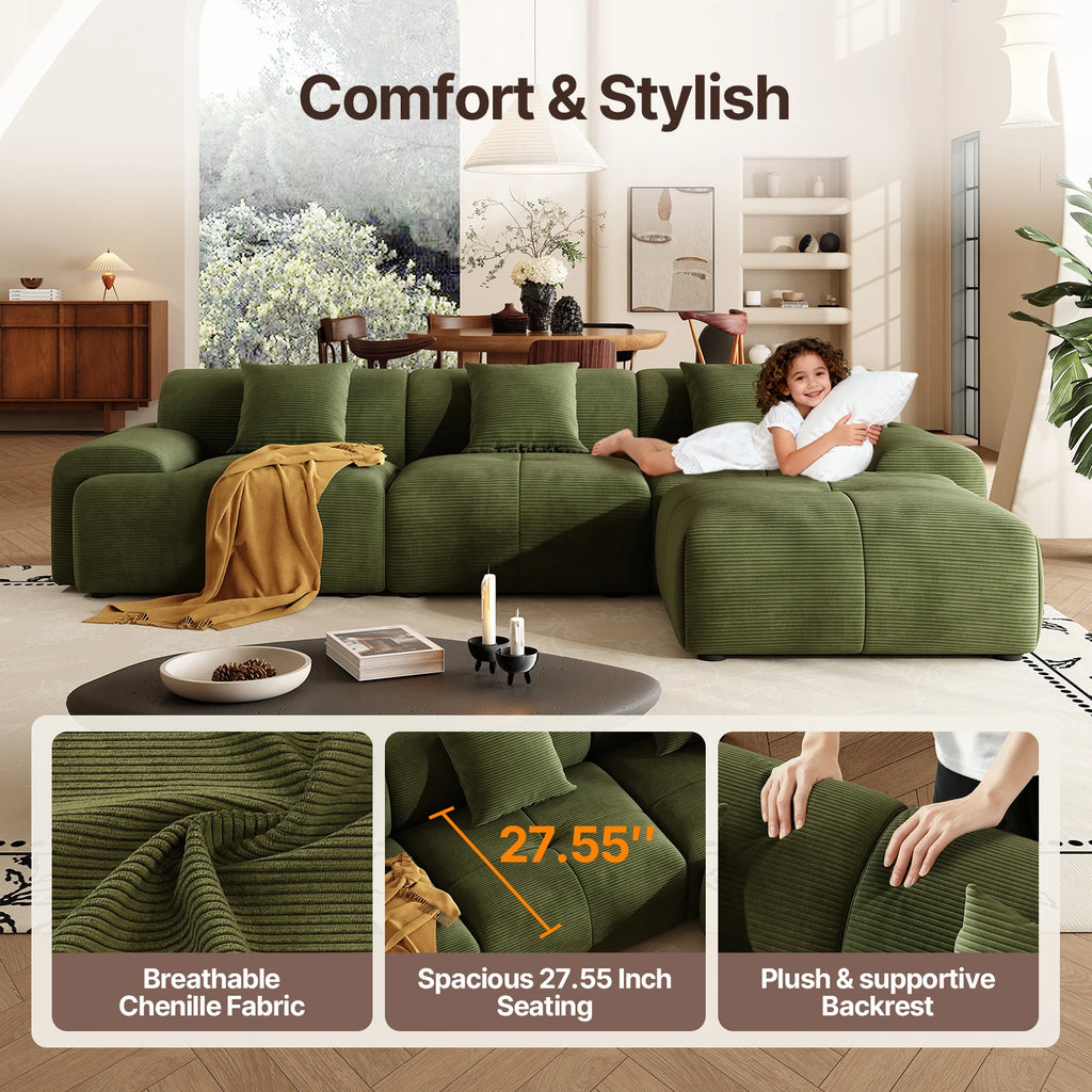 113" 3-Seat Cloud L-Shaped Sectional Sofa, Movable Ottoman, Corduroy Upholstery