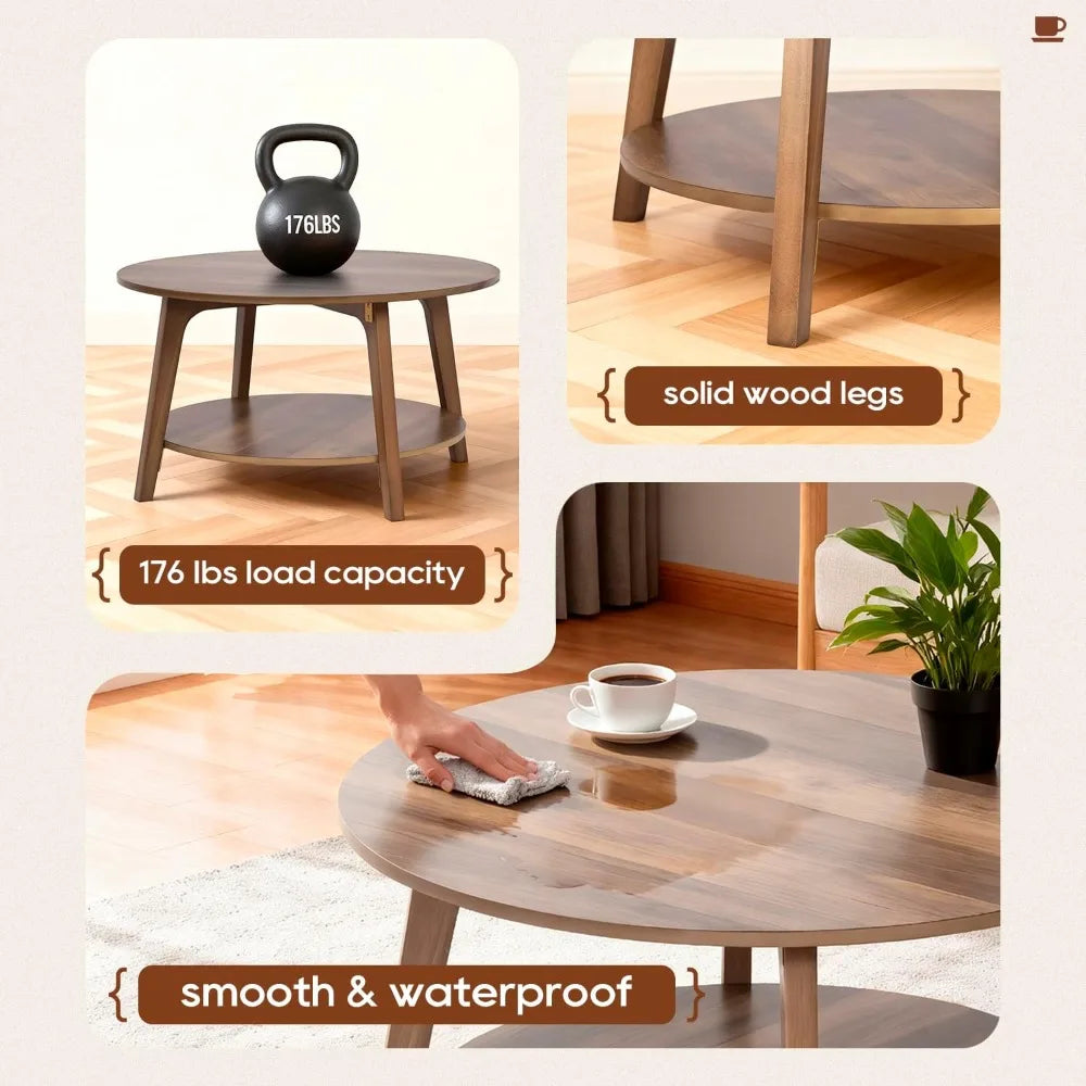 2-Tier Round Coffee Table, Storage, Sturdy MDF, Tapered Legs, Easy Assembly