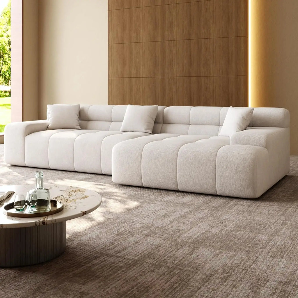 120" Tufted L-Shape Sectional Sofa Deep Seat Oversized Chaise, White