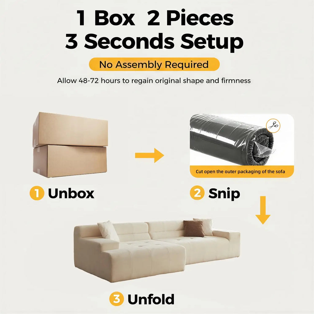120" Tufted L-Shape Sectional Sofa Deep Seat Oversized Chaise, White
