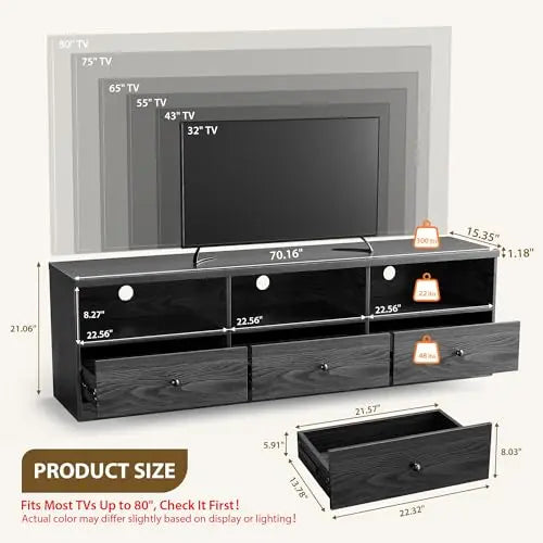 70IN TV Stand For Up To 80IN TV,  3 Drawers And Open Shelves