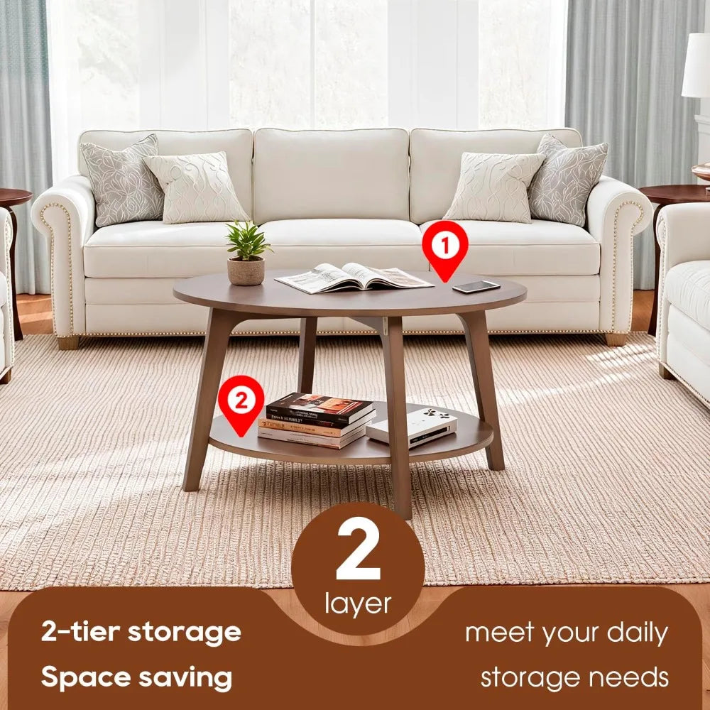 2-Tier Round Coffee Table, Storage, Sturdy MDF, Tapered Legs, Easy Assembly