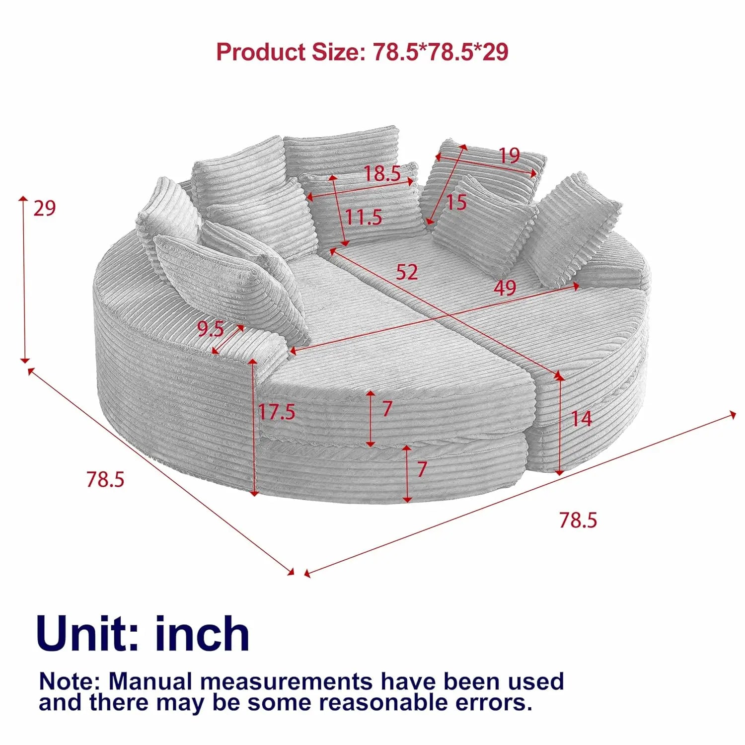 78.5IN Oversized Round Chaise Lounge, Upholstered Corduroy Boneless Sofa