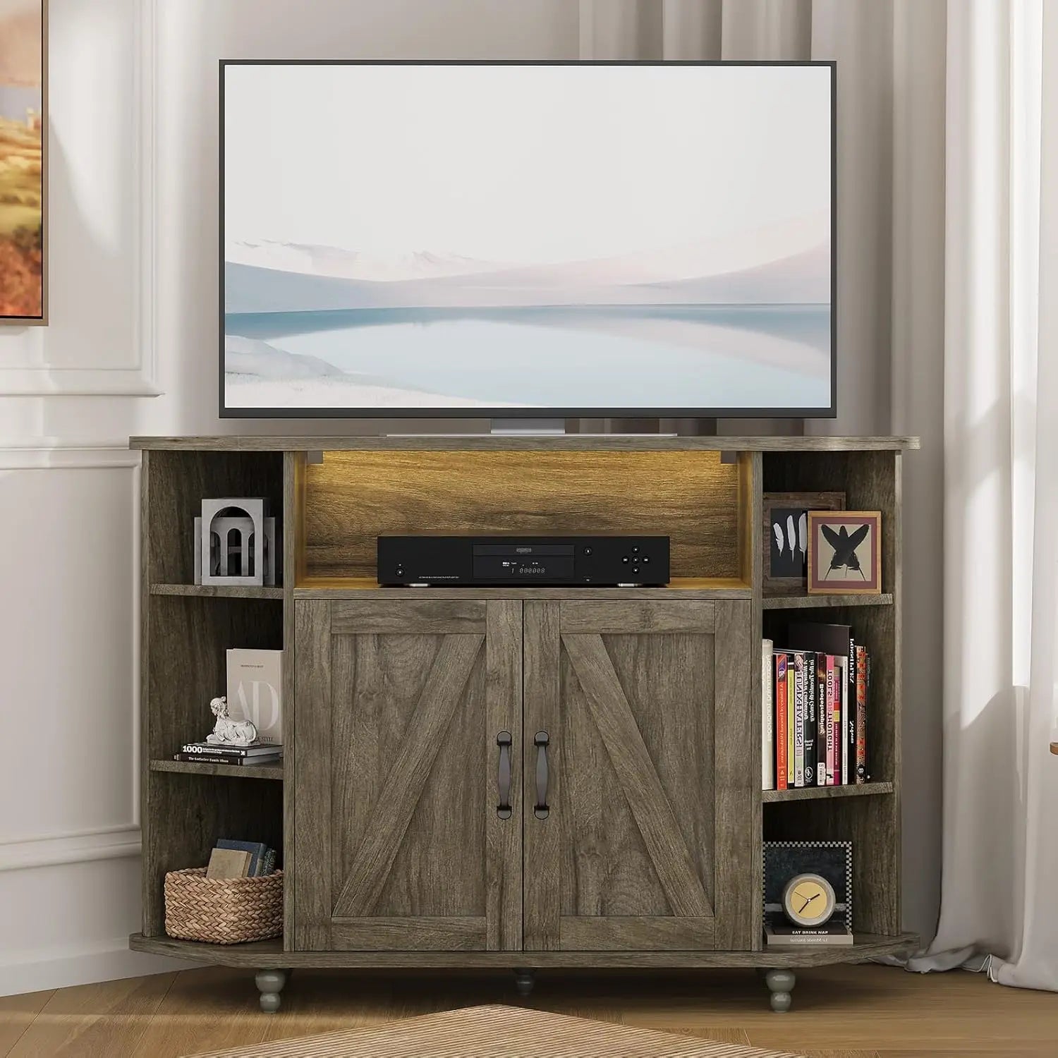 Corner Farmhouse Entertainment Center 50IN, LED Lights, Adjustable Shelves Barn Doors