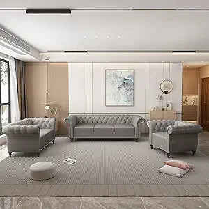 3-Piece Set, Velvet Chesterfield Sofa, Loveseat, Chair with Scroll Arms