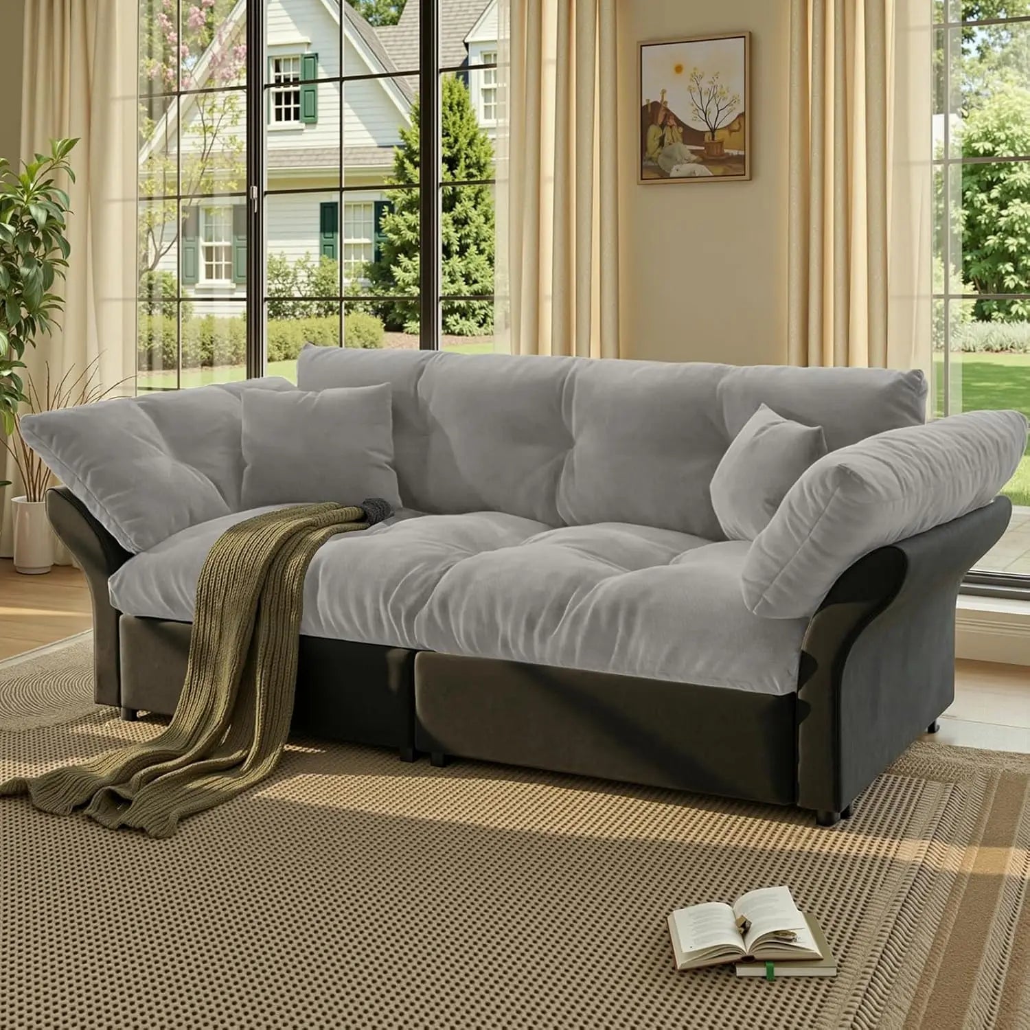 74.8" 3-in-1 Queen Velvet Convertible Pull-Out Sofa Bed, Pockets