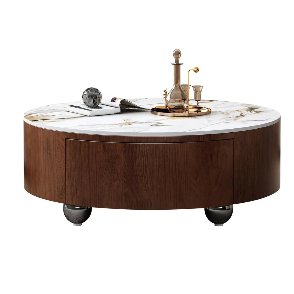 Round Coffee Table, Storage, 2 Drawers and Faux Marble Tabletop, Circle
