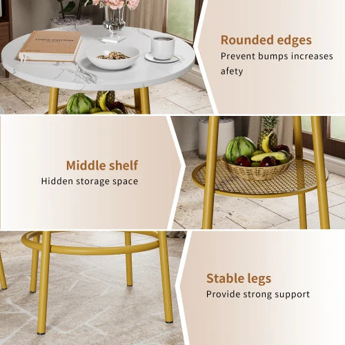 3 PC Dining Table and Chairs Set with 2 Stools Faux Marble Tabletop