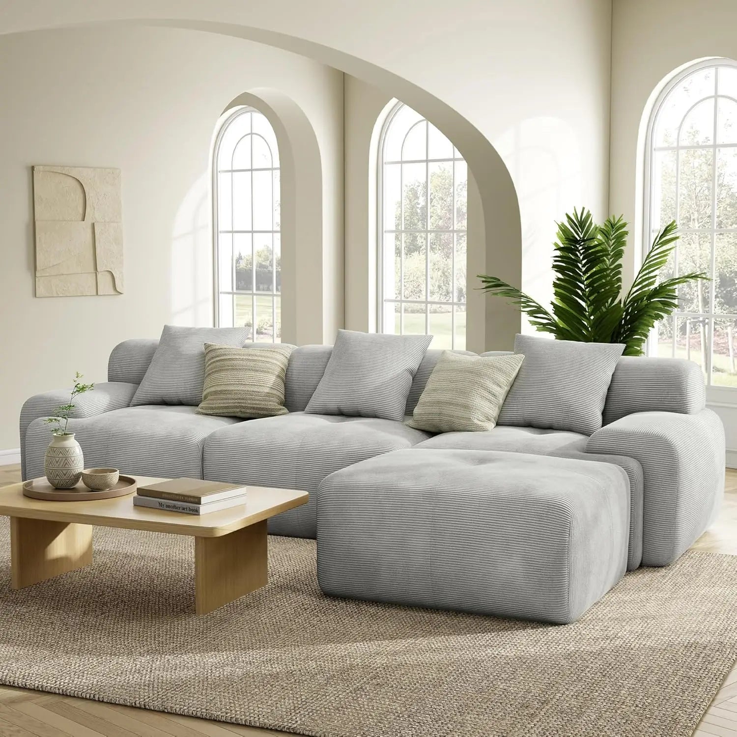 Sectional Sofa Ottoman 118"  L-Shaped Corduroy Deep Seat Oversized