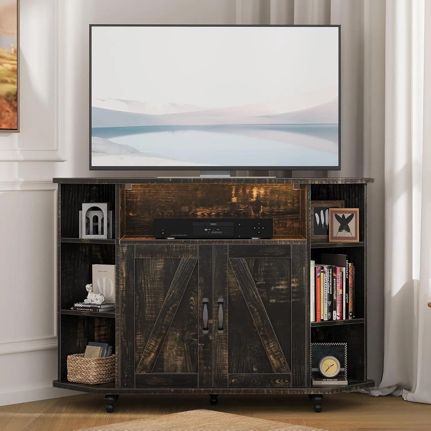 Corner Farmhouse Entertainment Center 50IN, LED Lights, Adjustable Shelves Barn Doors