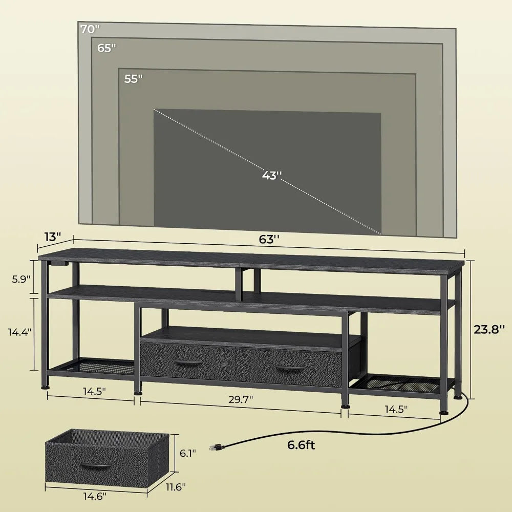 63IN LED TV Stand for 65-70IN TVs, Power Outlets, RGB Lights