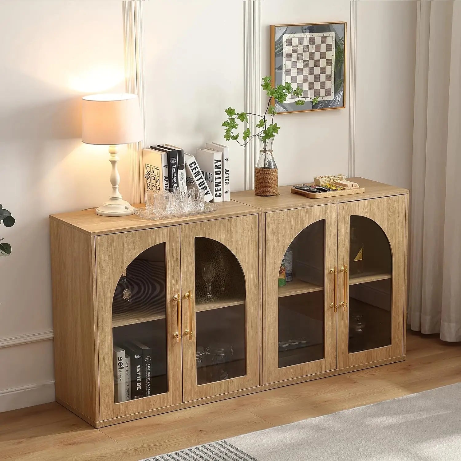 63" Set of 2 Small Buffet Cabinets Arched Glass Doors