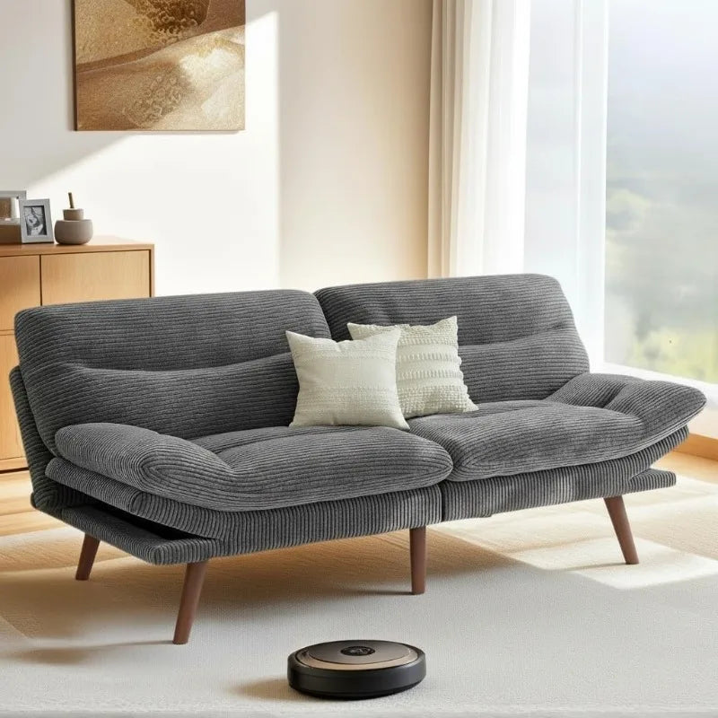 Futon Sofa Bed, 66IN Corduroy Recliner Sleeper, Adjustable Backrest, Armrests
