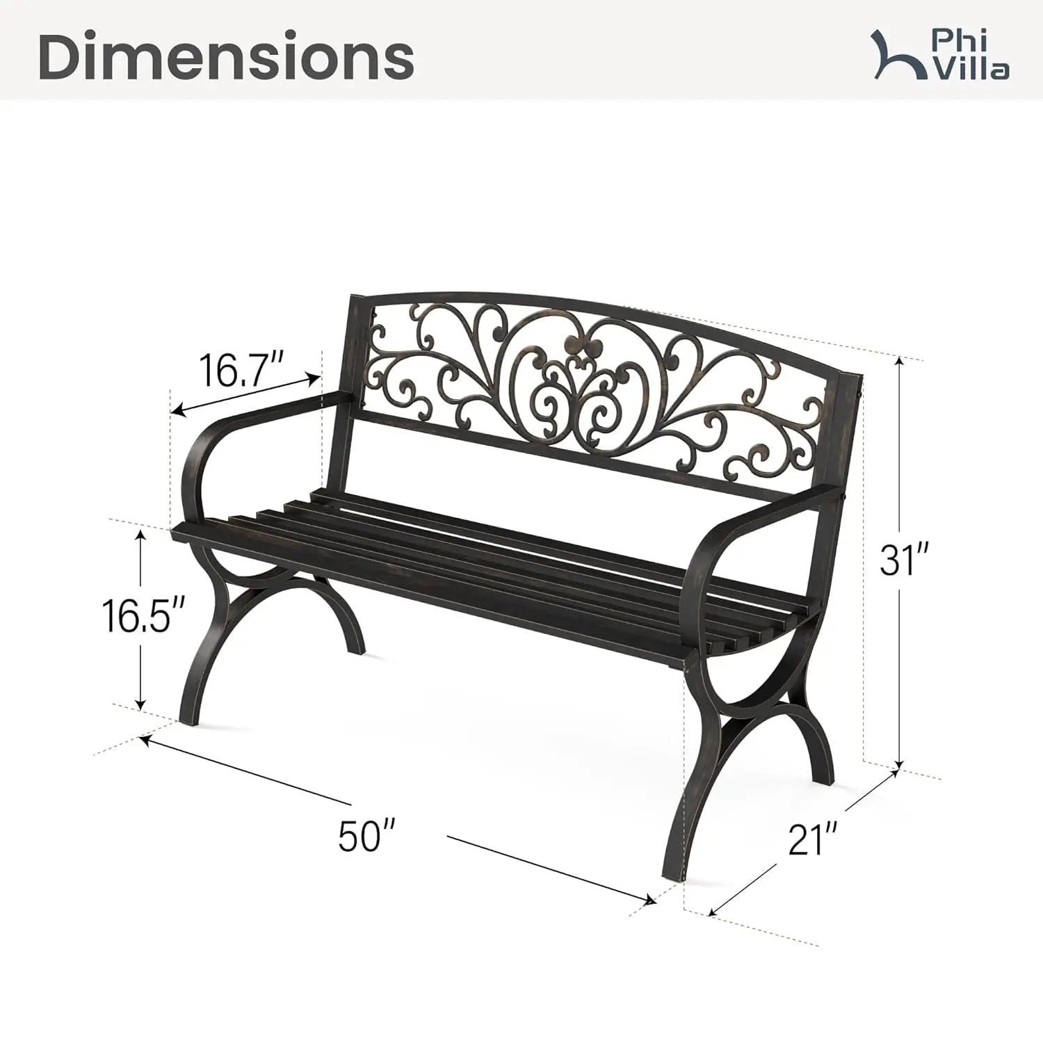 50in Copper Cast Iron Steel Bench, Chair w/Floral Backrest Slatted Seat
