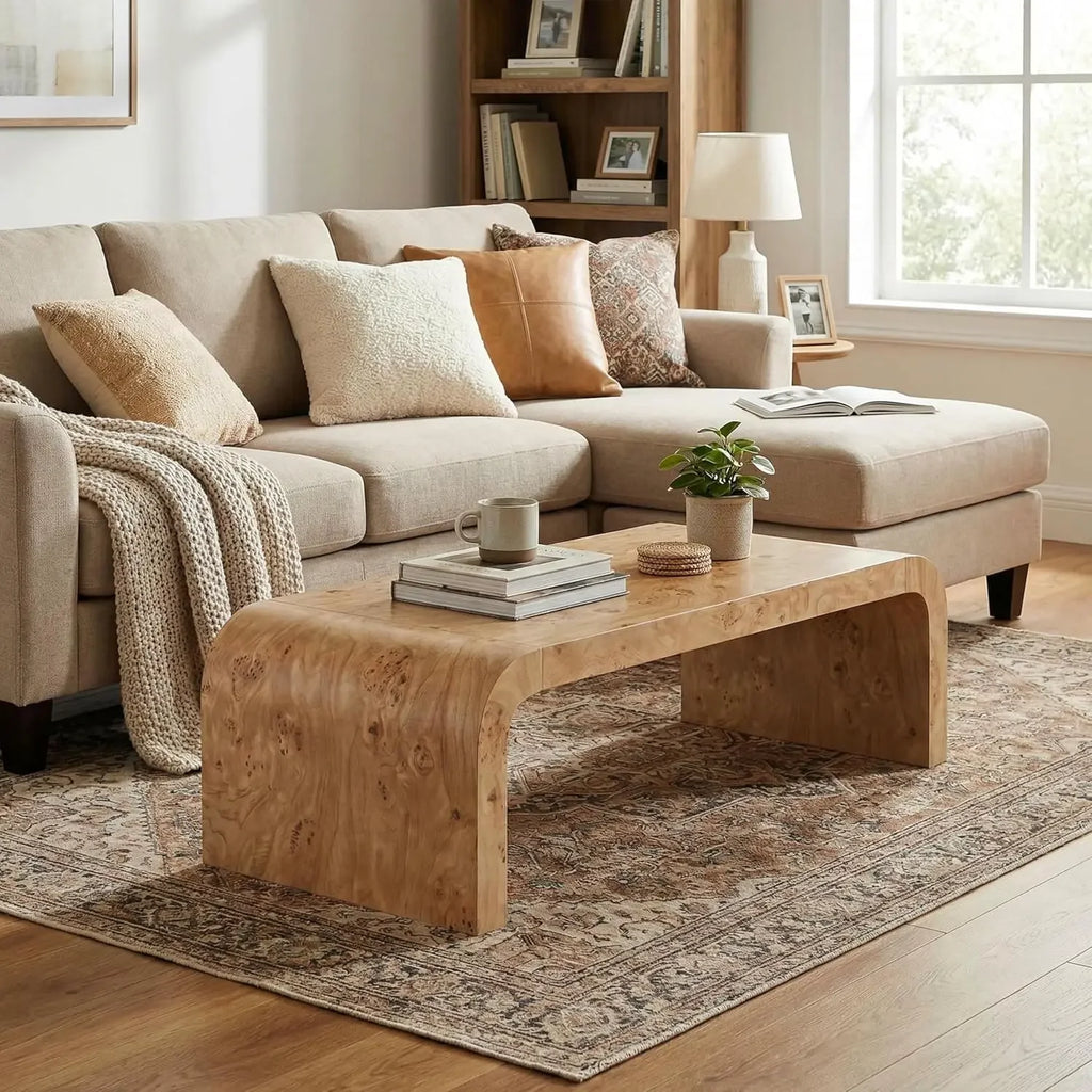 Burl Veneer Wood Coffee Table With Curved Edges