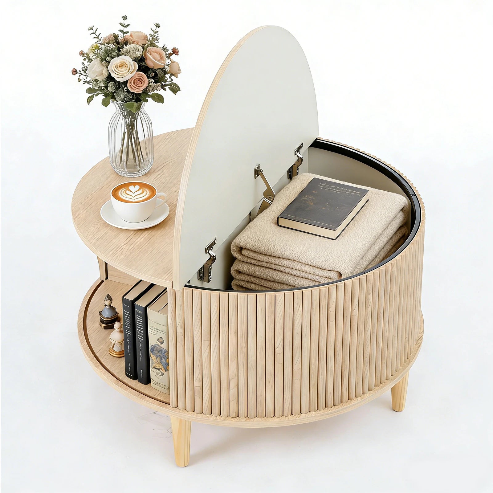 31IN Round/Flip-Top Storage Coffee Table, Fluted Center, 2-Tier, Sliding Door