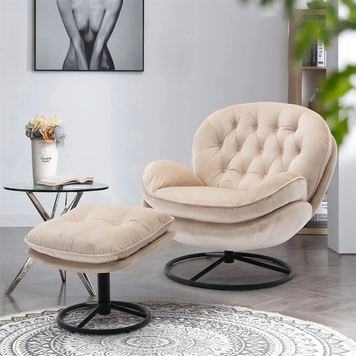 Swivel Accent Lounge Chair, Ottoman Set, Velvet Button Tufted Recliner