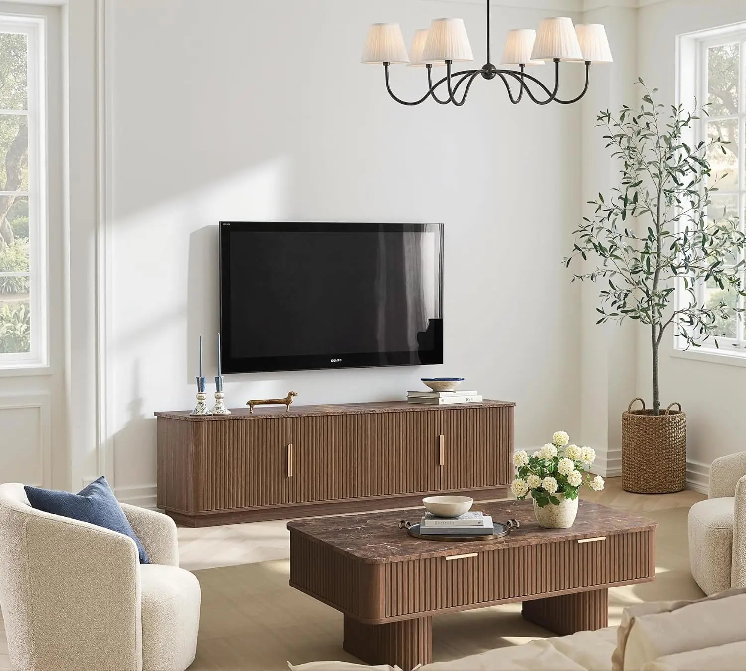 Fluted Coffee Table Storage, Faux Marble Top, Minimalist Rectangle Shape