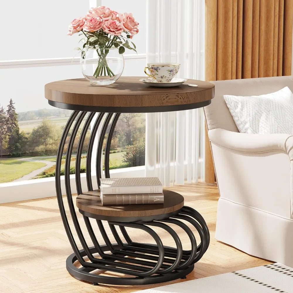 Round End Side Table:   2 Tiers Shelves, Vintage End Table