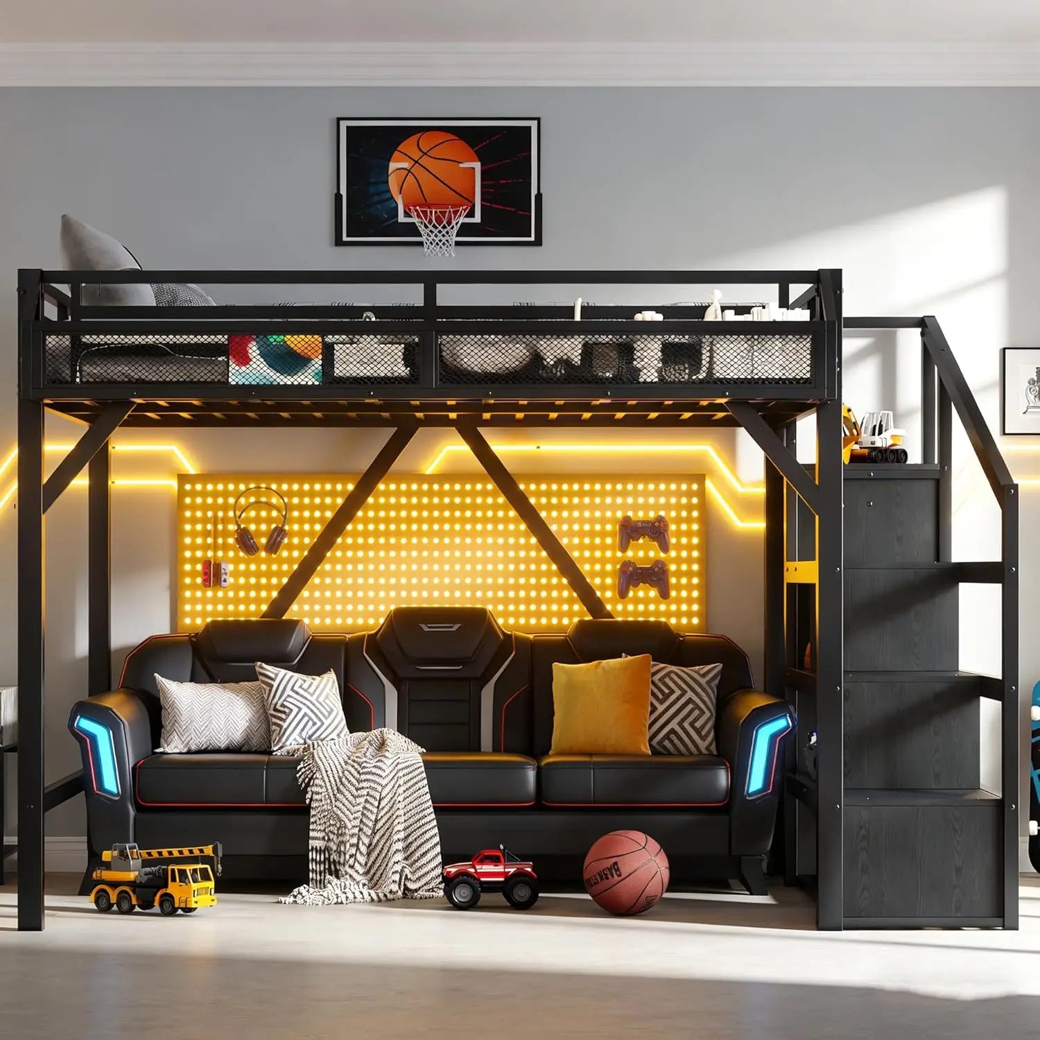 Metal Queen Size Heavy Duty Loft Bed, Stairs, Wardrobe, LED, Charging Station