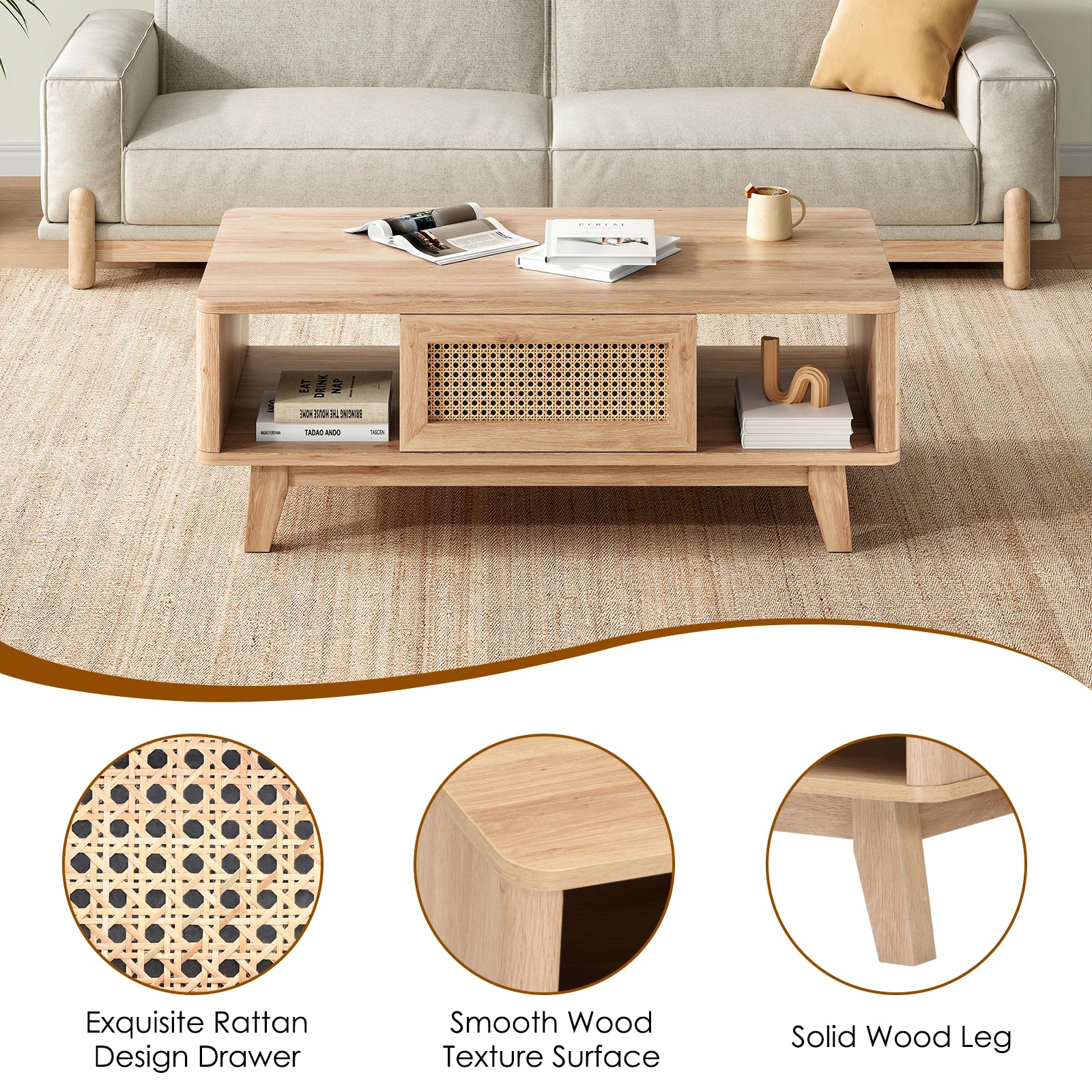 Mid Century Coffee Table, Rattan Drawer, Wood Storage Table
