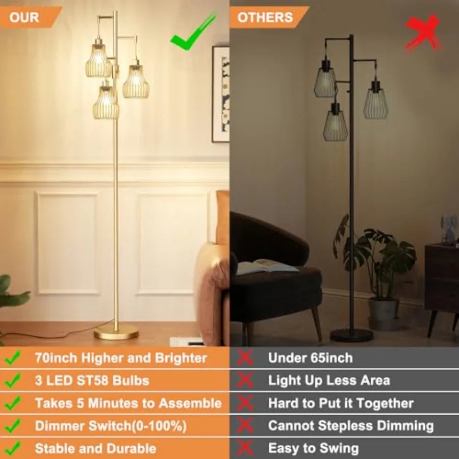 Dimmable Gold Floor Lamps 70" Tall Free Standing w/3 Elegant