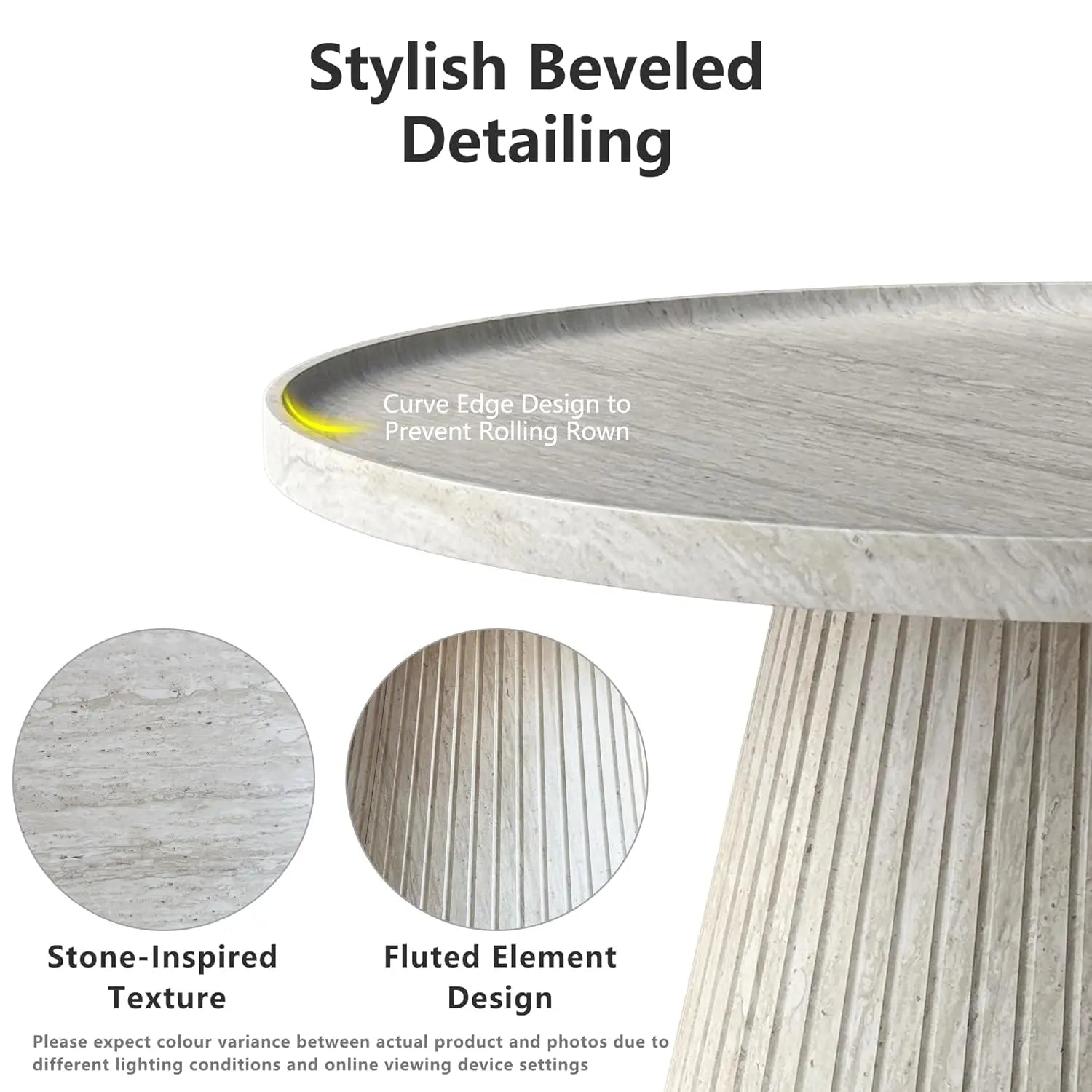 Coffee Table Set of 2, Fluted Faux Stone Veneer, Travertine Tea Table